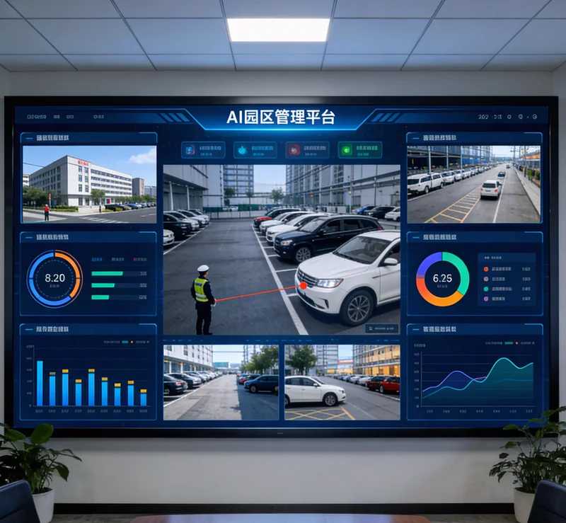 电脑屏幕上显示AI安全帽检测系统后台,多个视频画面,其中一人未戴帽被红框标出并触发报警。