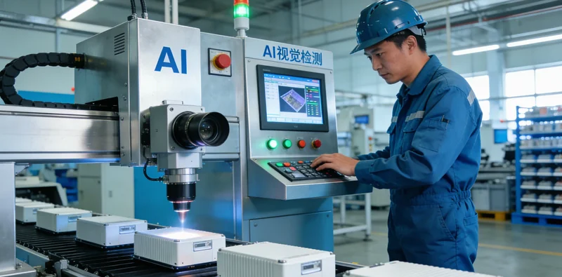 一张示意图，展示螺栓冷镦机旁，技术人员正在对比实物样品与电脑上的参数图表，表情困惑，地上有少量不良品。