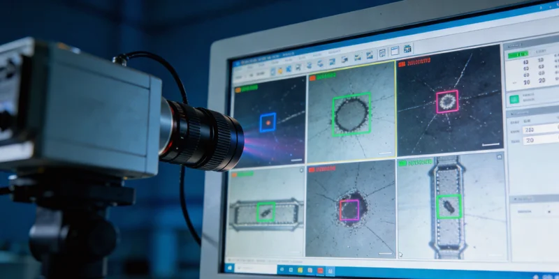 数码印刷车间内，工人正在灯箱下仔细检查印品外观