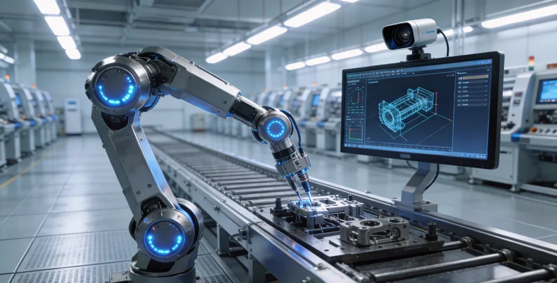 钠长石加工车间内，颚式破碎机正在工作，周围粉尘较大