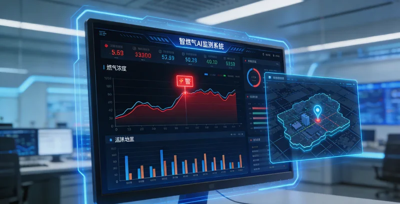 漱口水工厂夜间生产线控制室场景，屏幕显示能耗数据波动