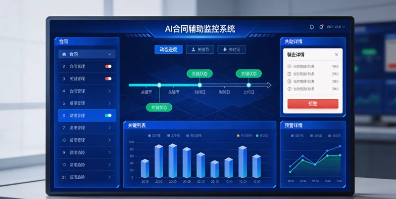 望远镜装配车间内景，背景墙上有实时电费监控大屏显示异常功率