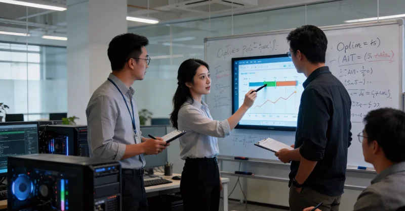 工程师与工厂操作工在现场对着设备点位沟通,用平板电脑记录需求