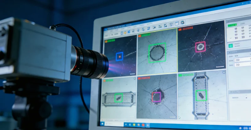 砂光车间内，质检员在灯光下费力地检查工件表面