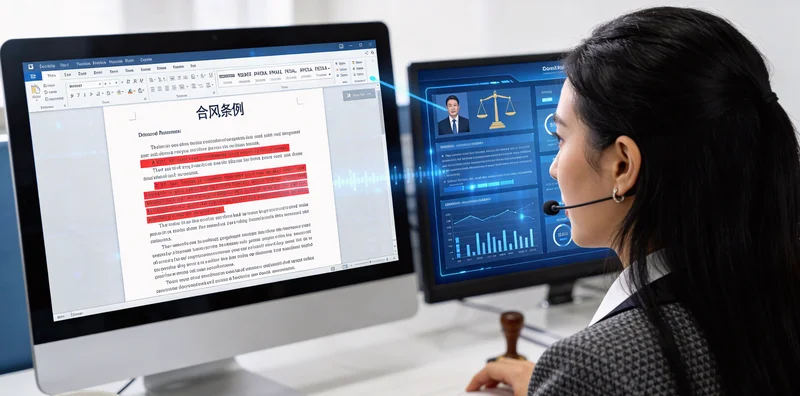 办公桌上堆积如山的合同文件，旁边是熬夜加班的法律工作者