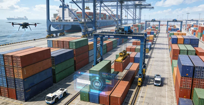 集装箱卡车在港口等待调度