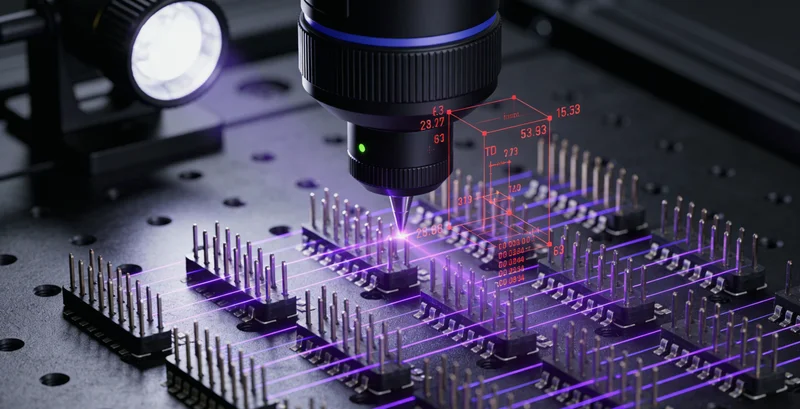 车间内工人正在用大型卡尺测量推土机铲斗尺寸,周围工件摆放杂乱