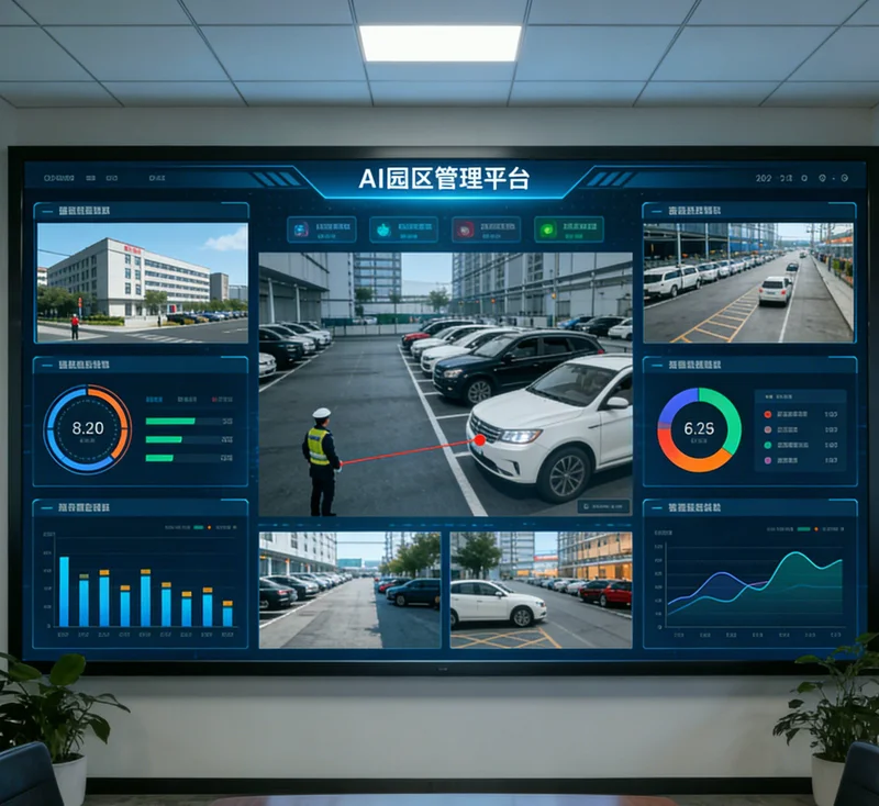 工厂中控室大屏显示AI实时识别的车间人员行为与报警信息