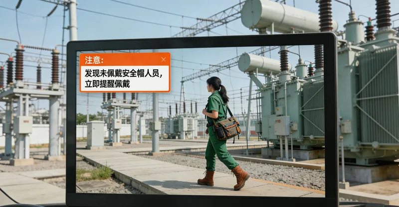 钢板车间监控画面示意图，红框标出未戴安全帽的工人