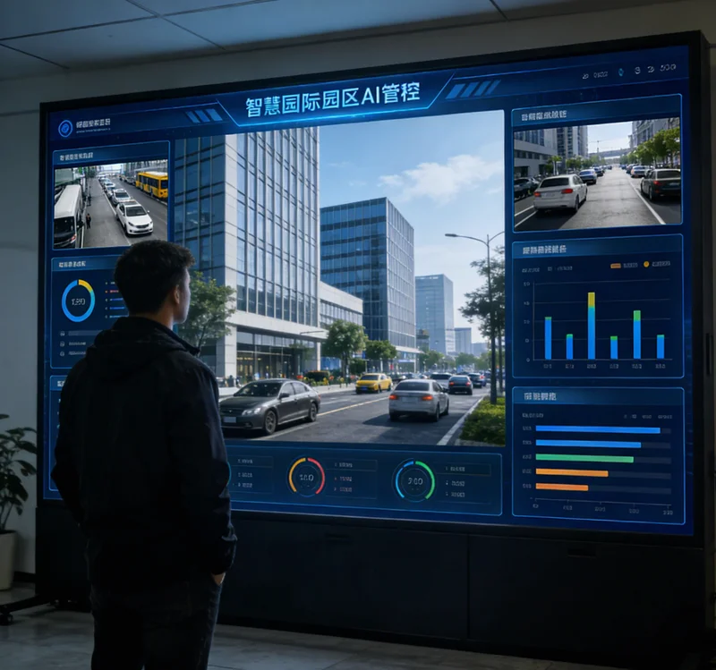 一台AI视觉检测设备安装在钢板生产线旁，工业相机正对钢板表面进行扫描