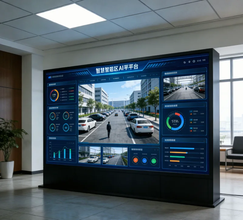 AI智能监控系统界面示意图，显示区域入侵报警和安全帽识别报警