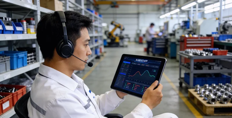 汽车模具车间内，一台五轴加工中心正在运行，操作员查看设备监控屏幕上的数据