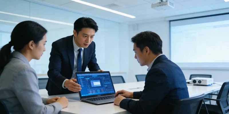 铁路维保人员与工程师在电脑前查看分析AI预警系统界面