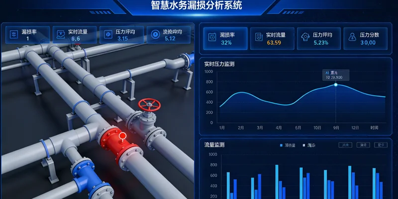 给水管网施工现场，沟槽开挖，各种机械和材料堆放，显得有些混乱
