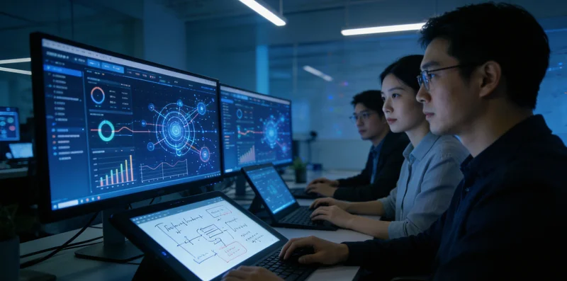 一位培训公司管理者正在查看显示着薪酬竞争力与风险预警的智能数据看板