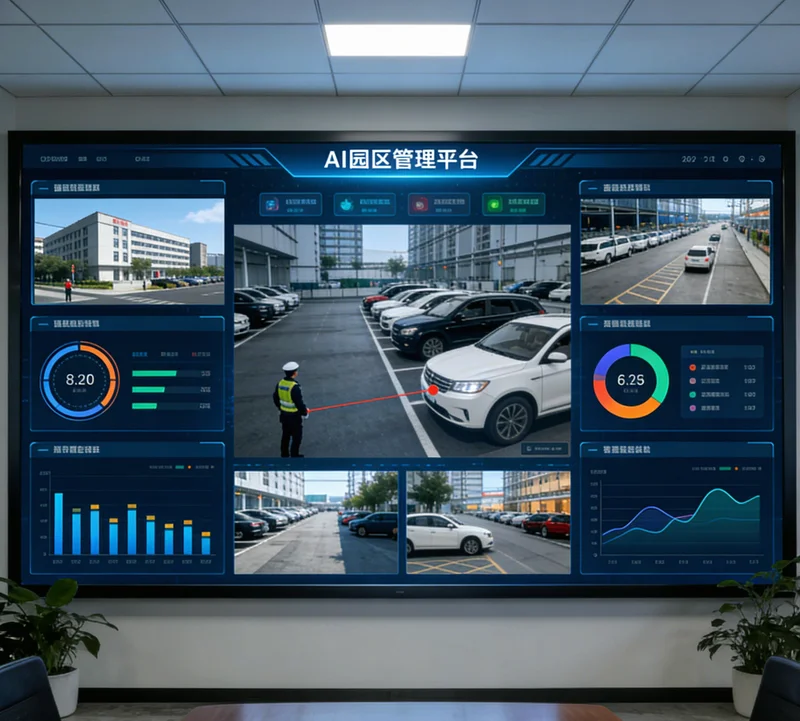 AI安全帽检测系统后台界面,显示多个摄像头画面,其中一处有未戴安全帽报警提示框