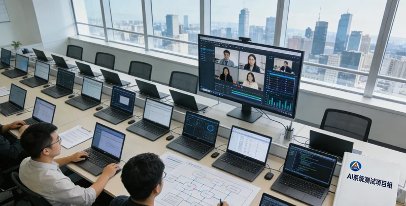 工程师正在杂志厂车间内,使用笔记本电脑现场调试AI预警系统摄像头