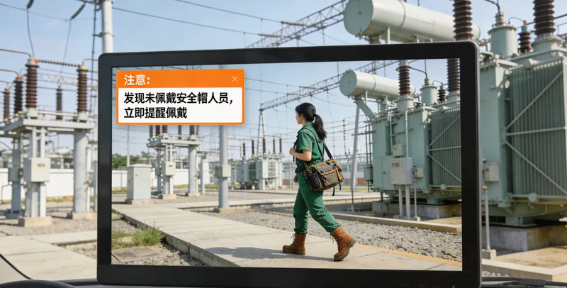 AI安全监控系统后台界面，显示多个摄像头画面和实时报警信息弹窗