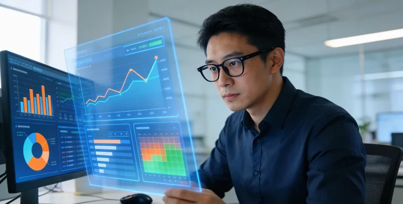 深夜办公室内，分析师面对多屏数据，表情疲惫