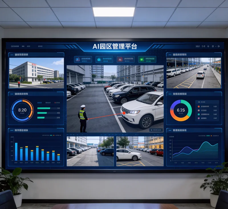 监控屏幕上，AI系统实时框出未戴安全帽的人员并报警