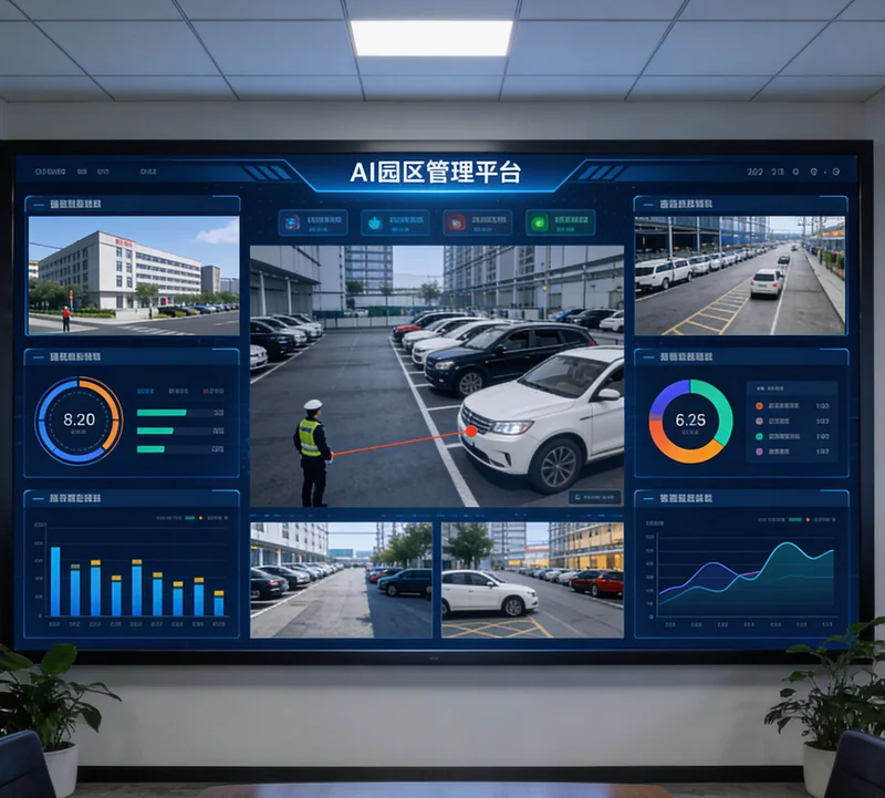 AI安全监控系统后台界面,显示实时视频画面及人员闯入危险区域的报警提示框