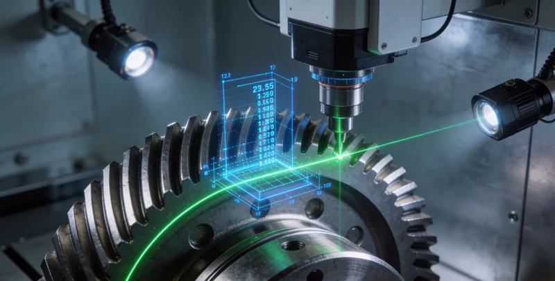 一名质检员正在使用传统二次元影像仪测量导航系统精密金属部件，神情专注