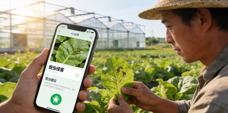 菇农在菇棚内弯腰查看香菇生长情况,手持篮子