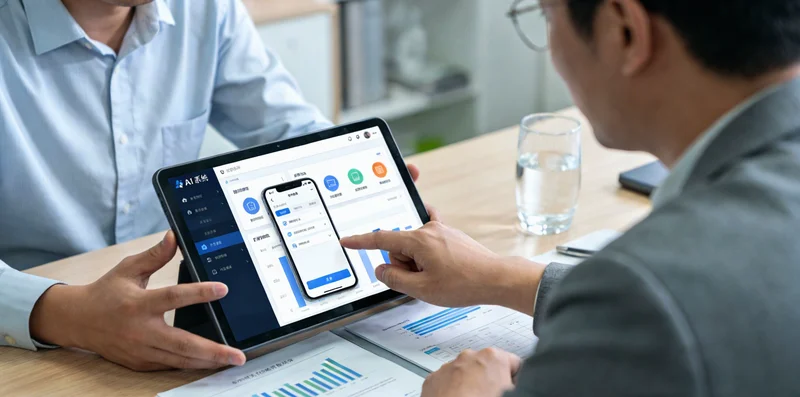 工程师正在检查印刷机PLC控制柜，进行数据接口调试