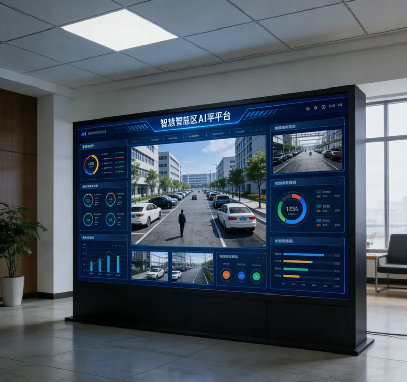 电脑或平板屏幕上，显示着简洁的AI碳排放管理看板，包含各工序实时能耗、碳排放强度及异常报警信息