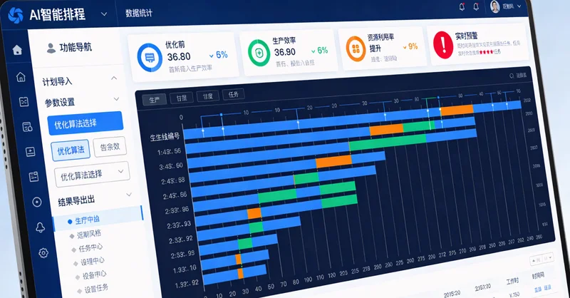 AI生产排程系统界面,展示资源负载和计划甘特图