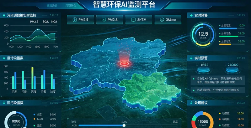 工厂中控室大屏，显示设备实时状态与AI预测预警信息