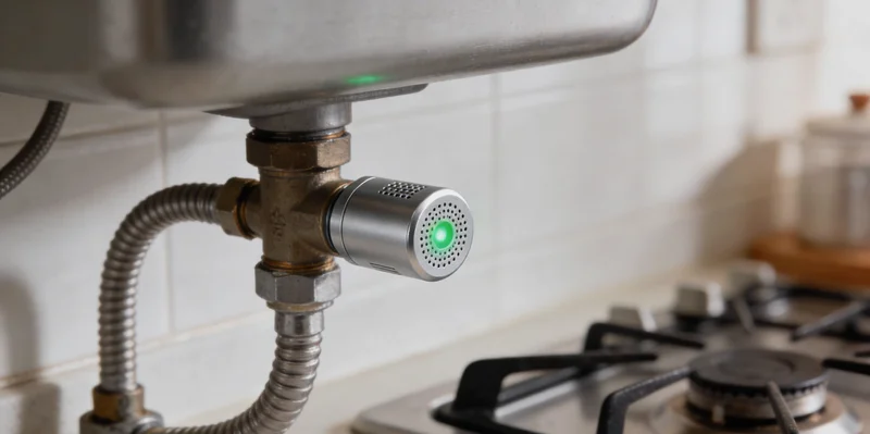 电子材料工厂车间内，工人正在查看显示着实时能耗数据的屏幕仪表盘