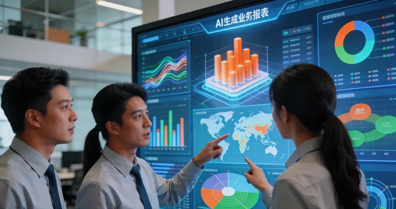 AI能耗管理系统的电脑看板界面，显示着各设备实时功率曲线、能耗排名与优化建议