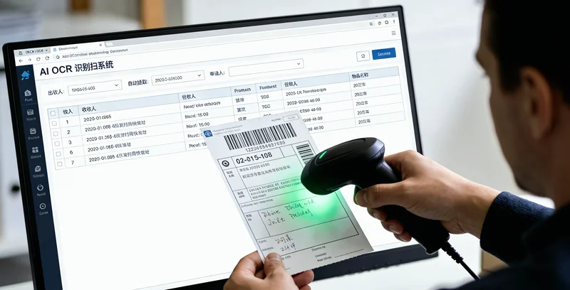 仓库人员正在使用扫码枪扫描物料上的条码,背后是整齐的货架