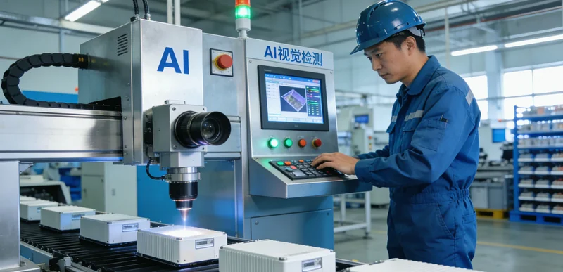 工程师在电池产线上安装调试AI视觉检测设备的现场工作图