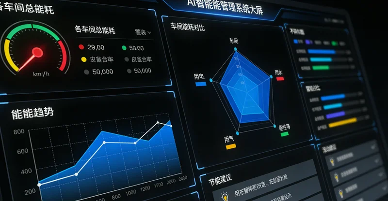 入墙衣柜生产车间实景,背景有显示各设备实时能耗数据的大屏幕