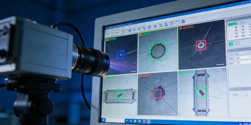 焊剂包装流水线末端，工人在灯光下检查包装袋