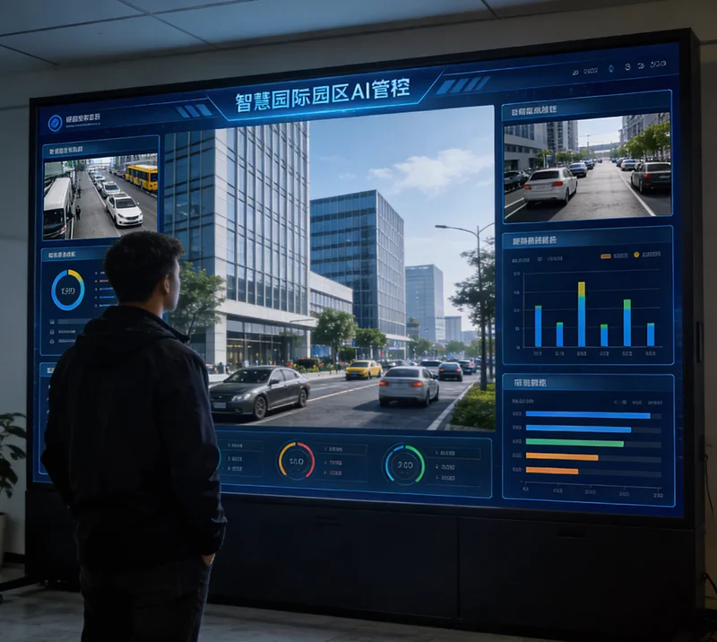 AI安全监控系统后台界面，显示多个工位实时画面与报警信息