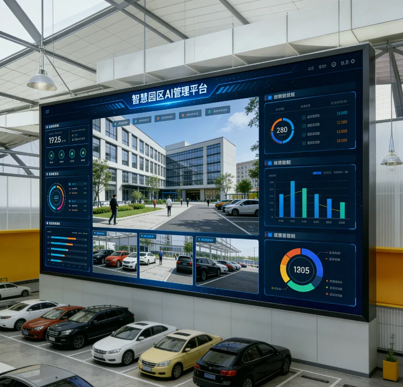 电脑屏幕上显示着设备健康预警看板,不同设备图标以绿、黄、红颜色标识状态,伴有振动、温度曲线图