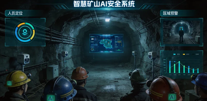 注塑车间合模区,工人正在操作,AI系统监控区域用红色框线标出