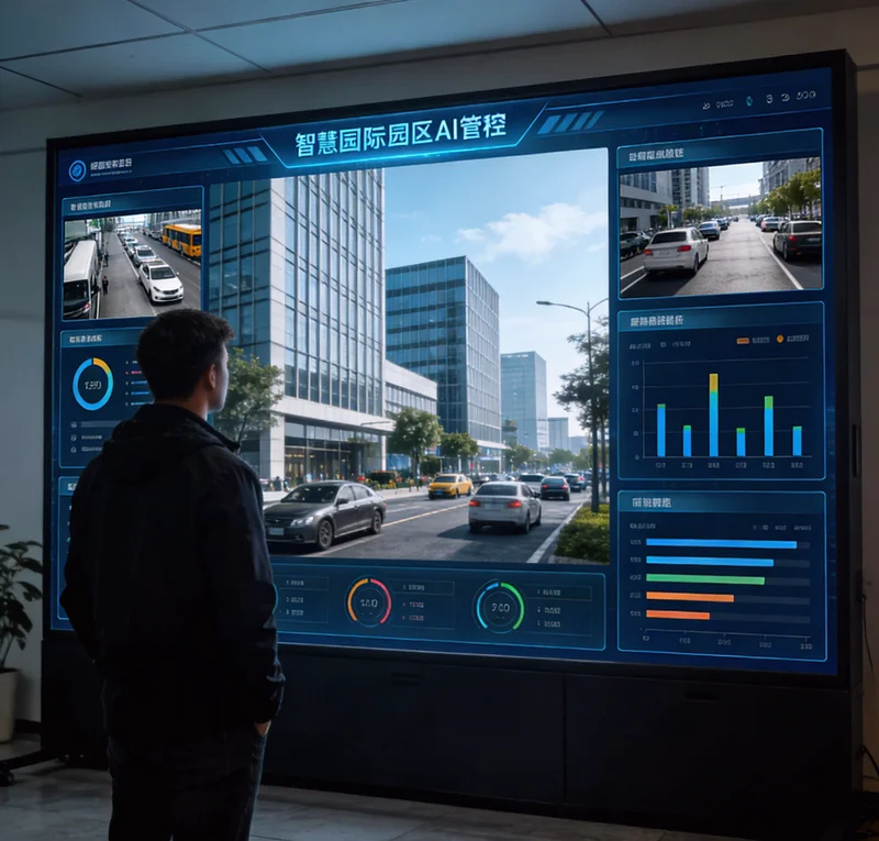 AI面单识别系统示意图，展示工业相机、光源、工控机在流水线上的部署