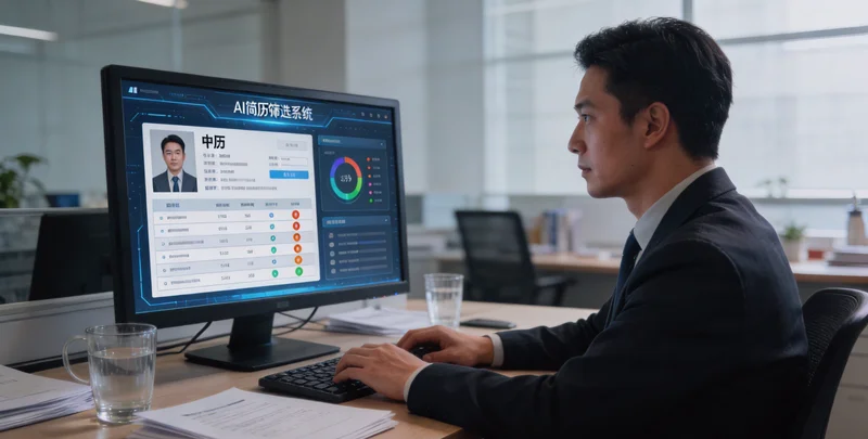 一位HR在深夜办公室，面对电脑和手机，表情凝重