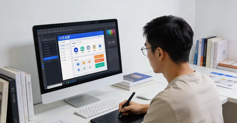 一位米线店老板对着电脑和手机，为海报设计发愁的场景