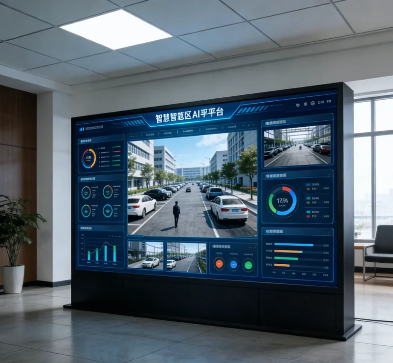 AI危险预警系统界面示意图，左侧是多个实时监控画面，右侧有报警列表和数据仪表盘
