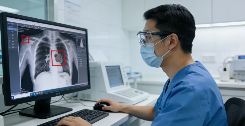 一张凌乱的办公桌,上面堆放着多份病历文书,一张醒目的红色检查表放在最上面,标出缺失项