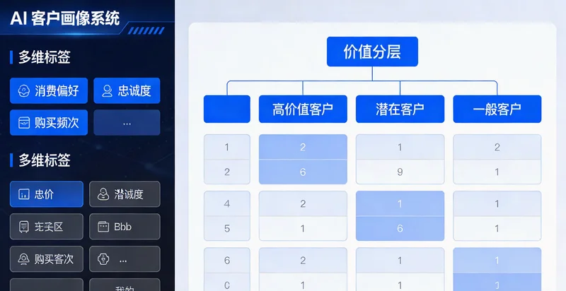 传统用户画像示意图:模糊的人物轮廓,周围环绕着问卷、报告等图标