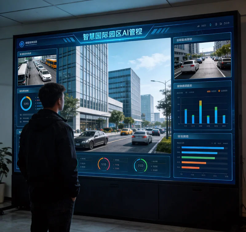 AI视觉监控系统示意图，展示摄像头安装位置和后台报警屏幕界面