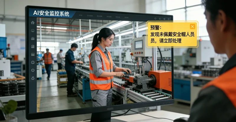 输送带车间夜班生产场景，一名工人未规范佩戴安全帽