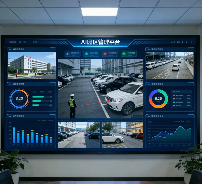 AI安全帽检测系统界面示意图，画面中识别出人头和安全帽，并对未佩戴行为进行标注报警