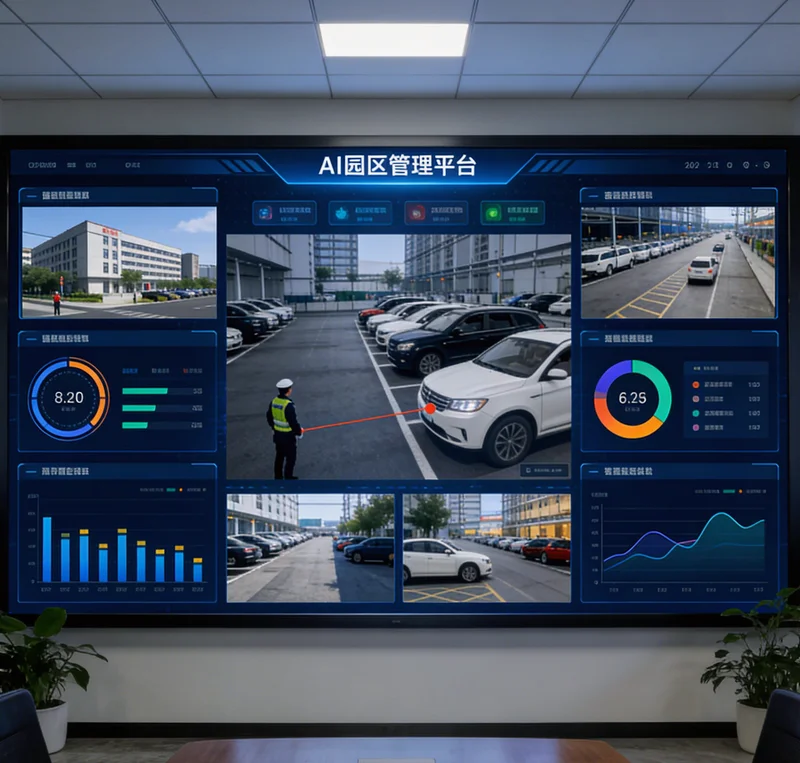 工程师在发动机生产车间现场，使用便携式设备对缸体进行AI检测测试